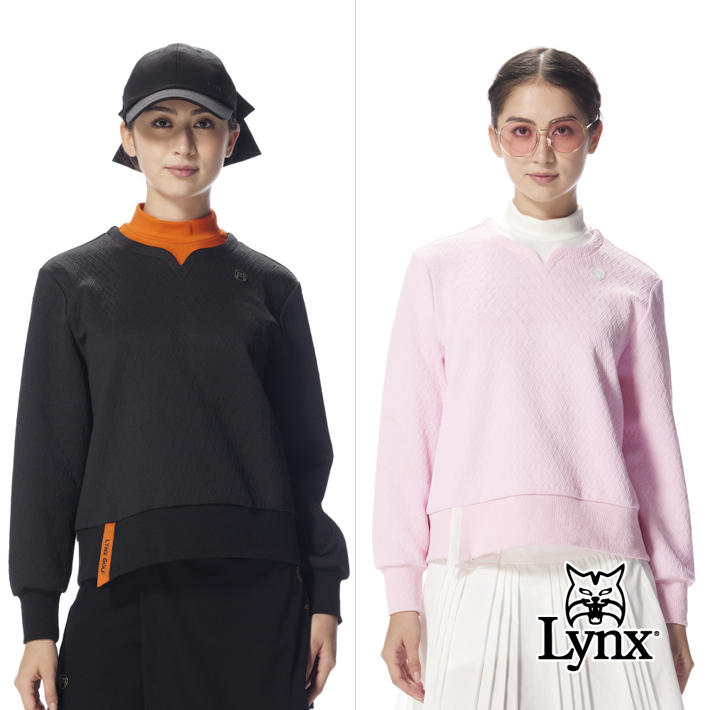 【Lynx Golf】女款寬鬆短版撞色假兩件小V領拼接半高領長T