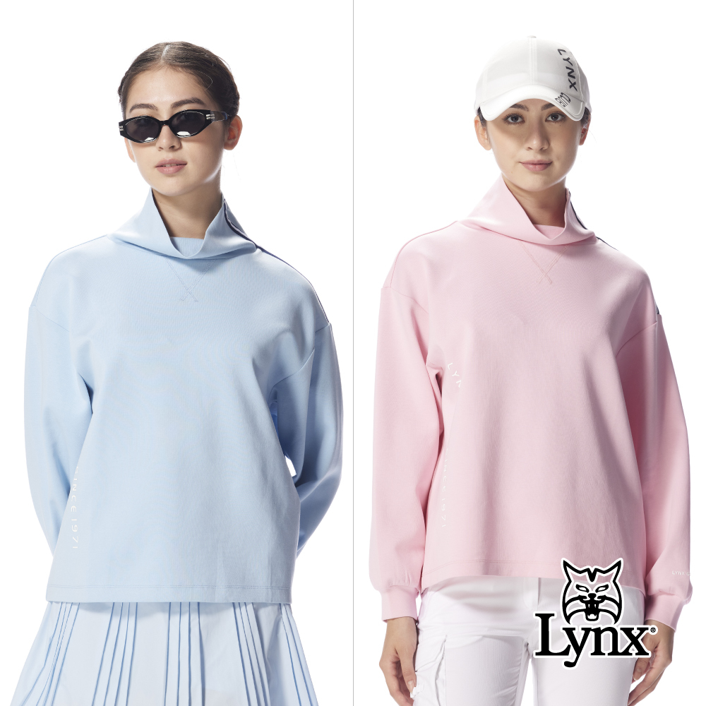 【Lynx Golf】女款寬鬆短版寬式高領條紋織帶設計長T
