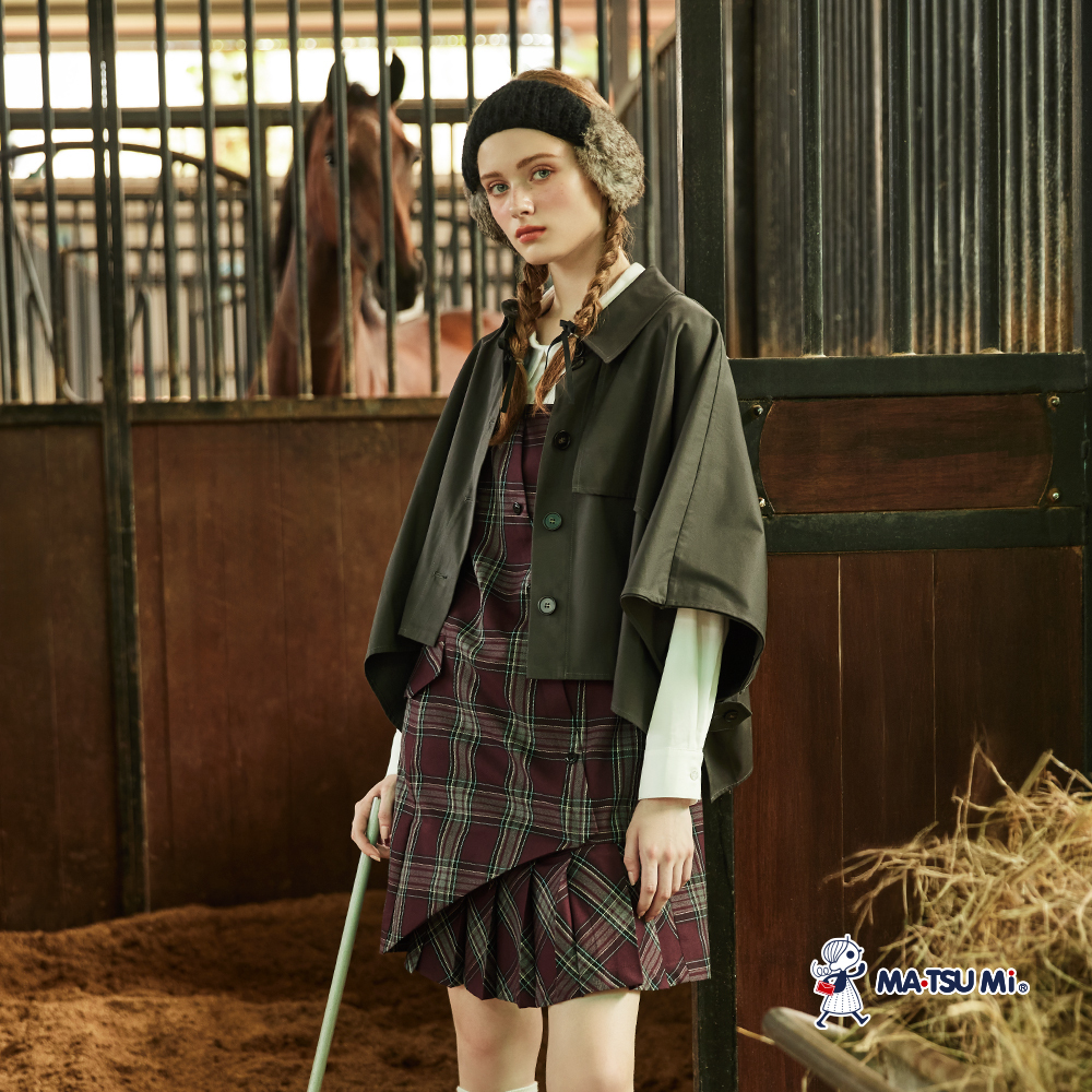 MA‧TSU Mi 格紋學院風斜切感吊帶假兩件百褶長袖洋裝(紅.土耳其藍)