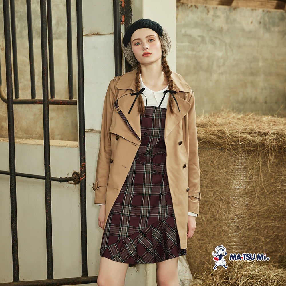 MA‧TSU Mi 格紋學院風斜切感吊帶假兩件百褶長袖洋裝(紅.土耳其藍)