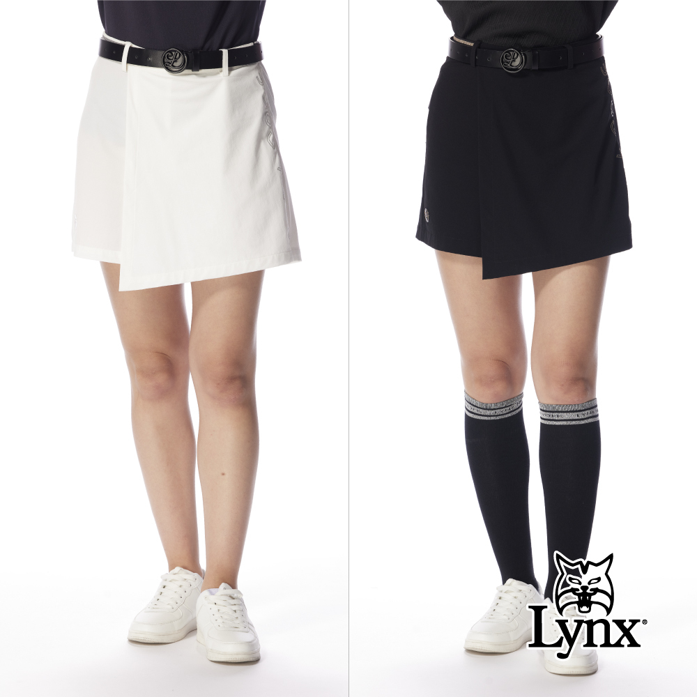 【Lynx Golf】女款彈性舒適羅紋剪接金屬感印花褲裙
