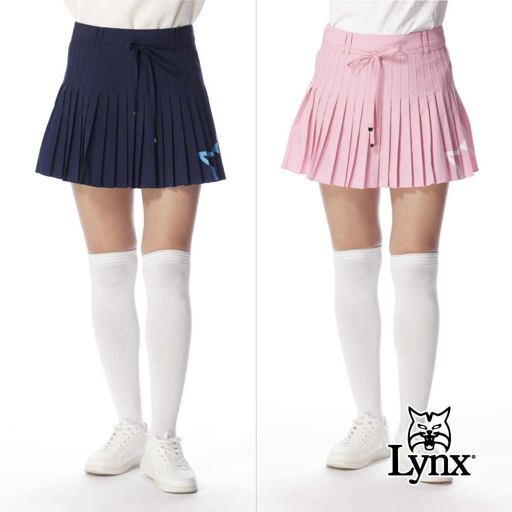 【Lynx Golf】女款可拆式繩結設計經典山貓貓頭印花LOGO百褶裙