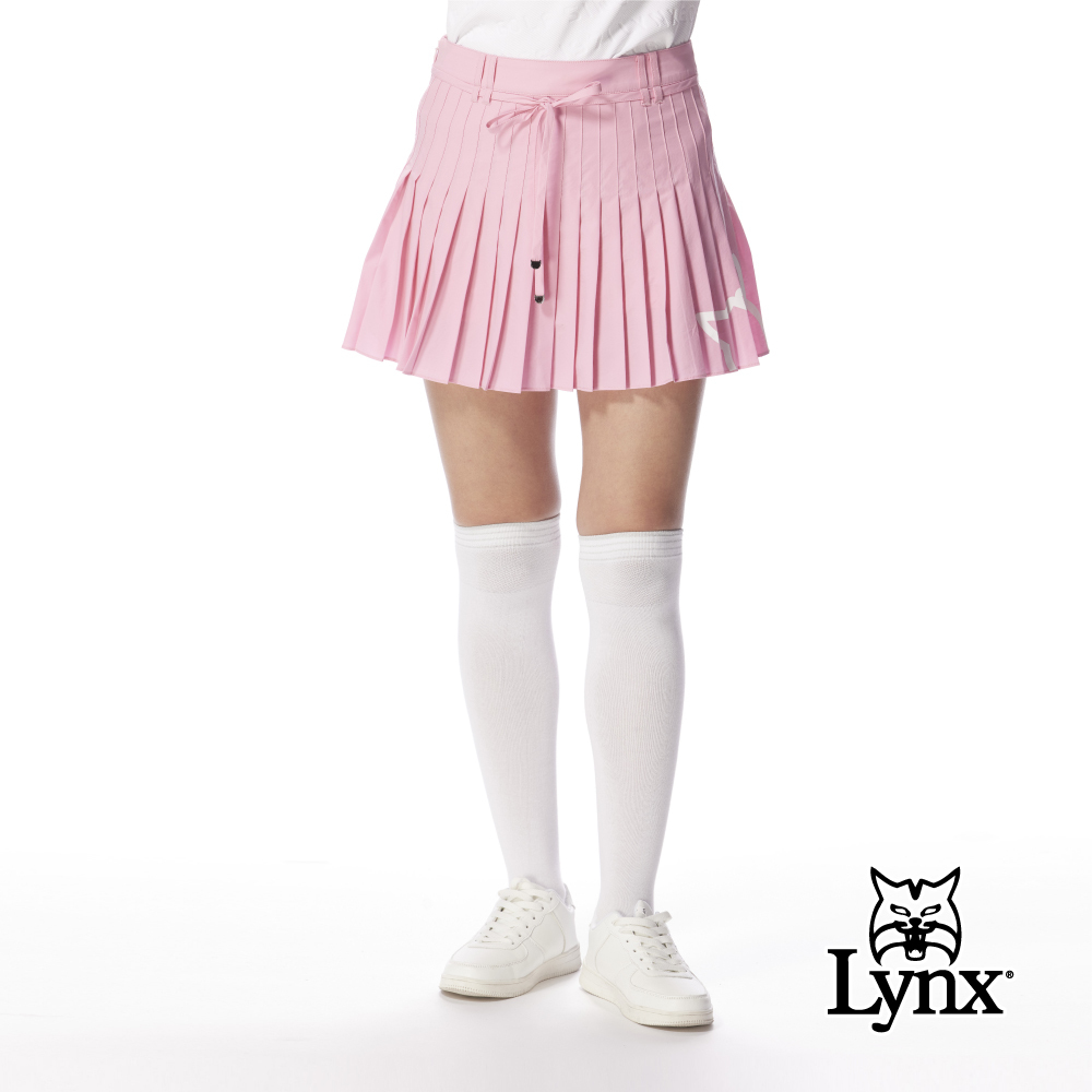 【Lynx Golf】女款可拆式繩結設計經典山貓貓頭印花LOGO百褶裙