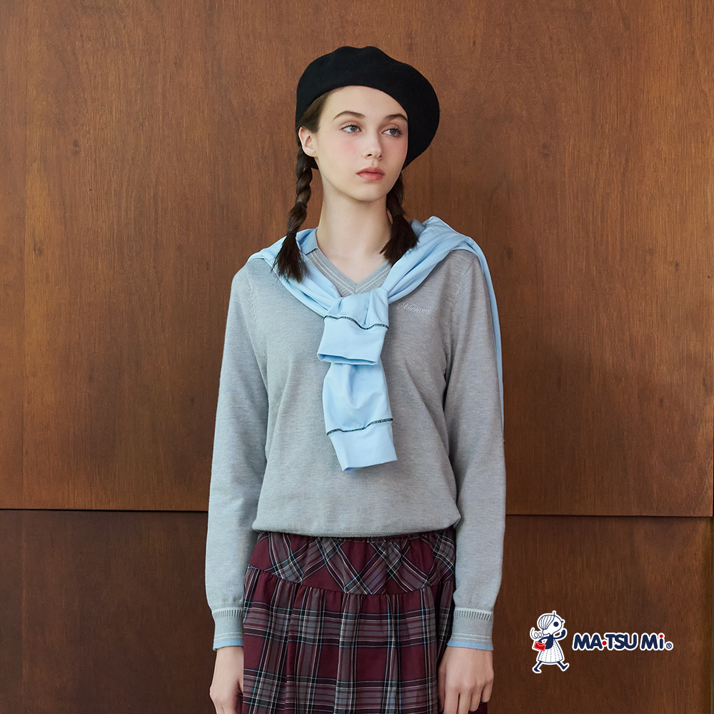 MA‧TSU Mi 撞色假兩件翻領設計紋理長袖針織上衣(深藍.深灰)