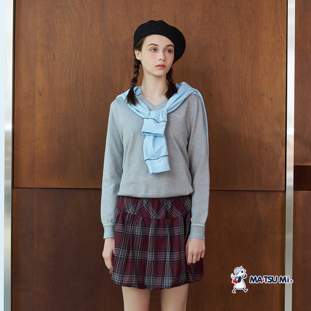 MA‧TSU Mi 撞色假兩件翻領設計紋理長袖針織上衣(深藍.深灰)