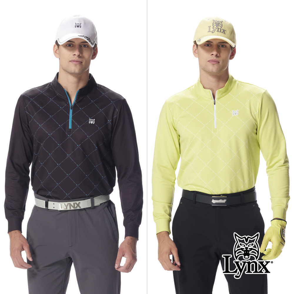 【Lynx Golf】男款合身版吸濕排汗保暖舒適格紋造型拉鍊長袖POLO衫