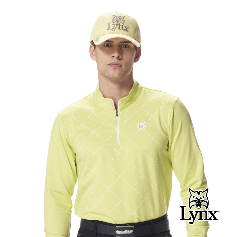 【Lynx Golf】男款合身版吸濕排汗保暖舒適格紋造型拉鍊長袖POLO衫