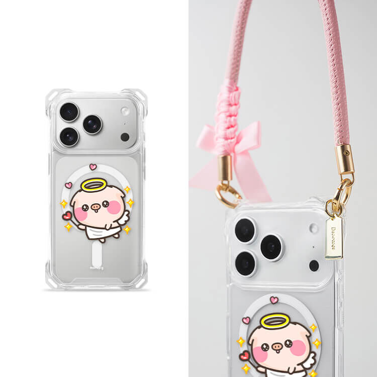 【授權聯名】天使萌萌豬 四角好掛殼 - 透明防摔掛繩殼 (MagSafe磁吸) iPhone手機殼