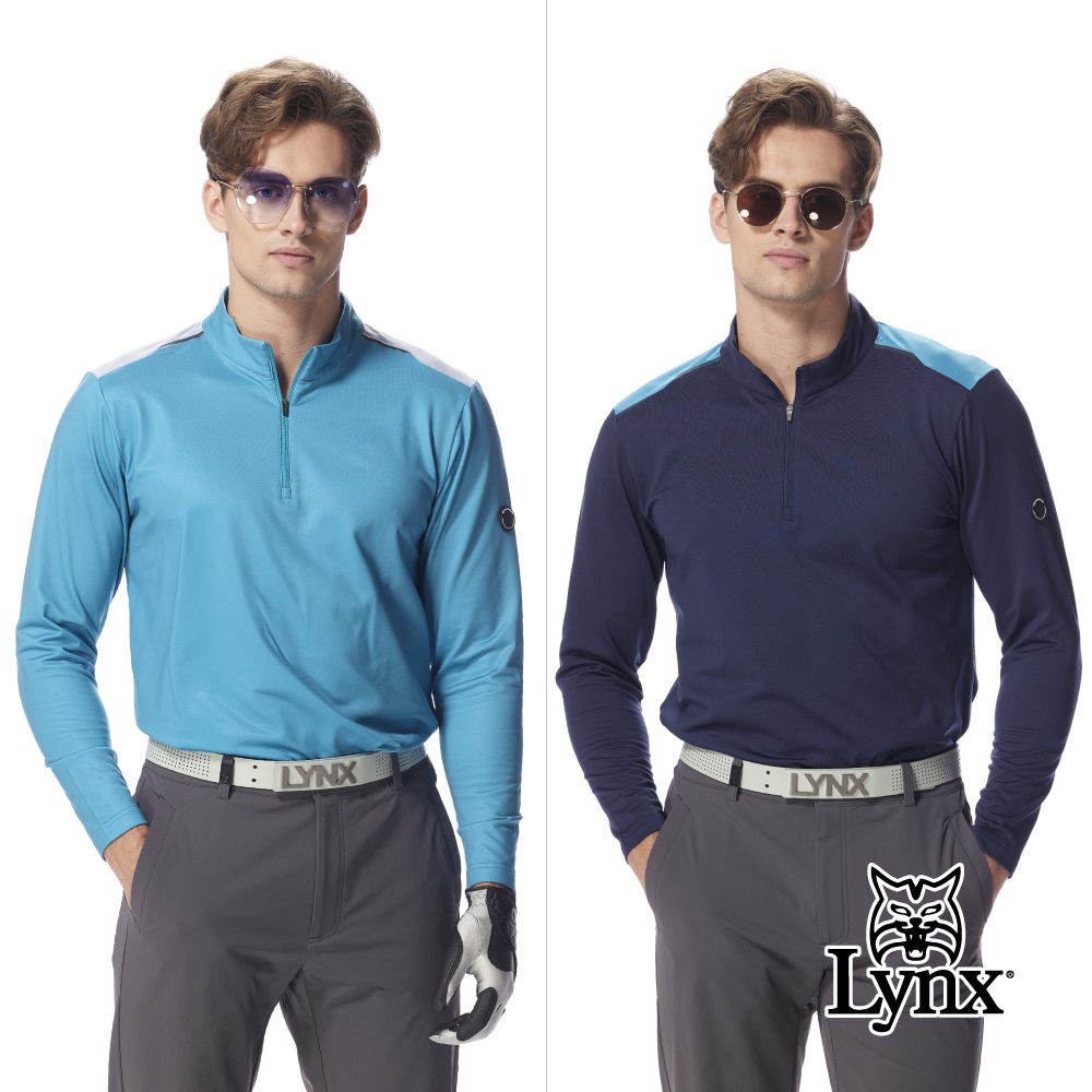 【Lynx Golf】男款合身版吸濕排汗保暖肩拼接撞色長袖立領POLO衫