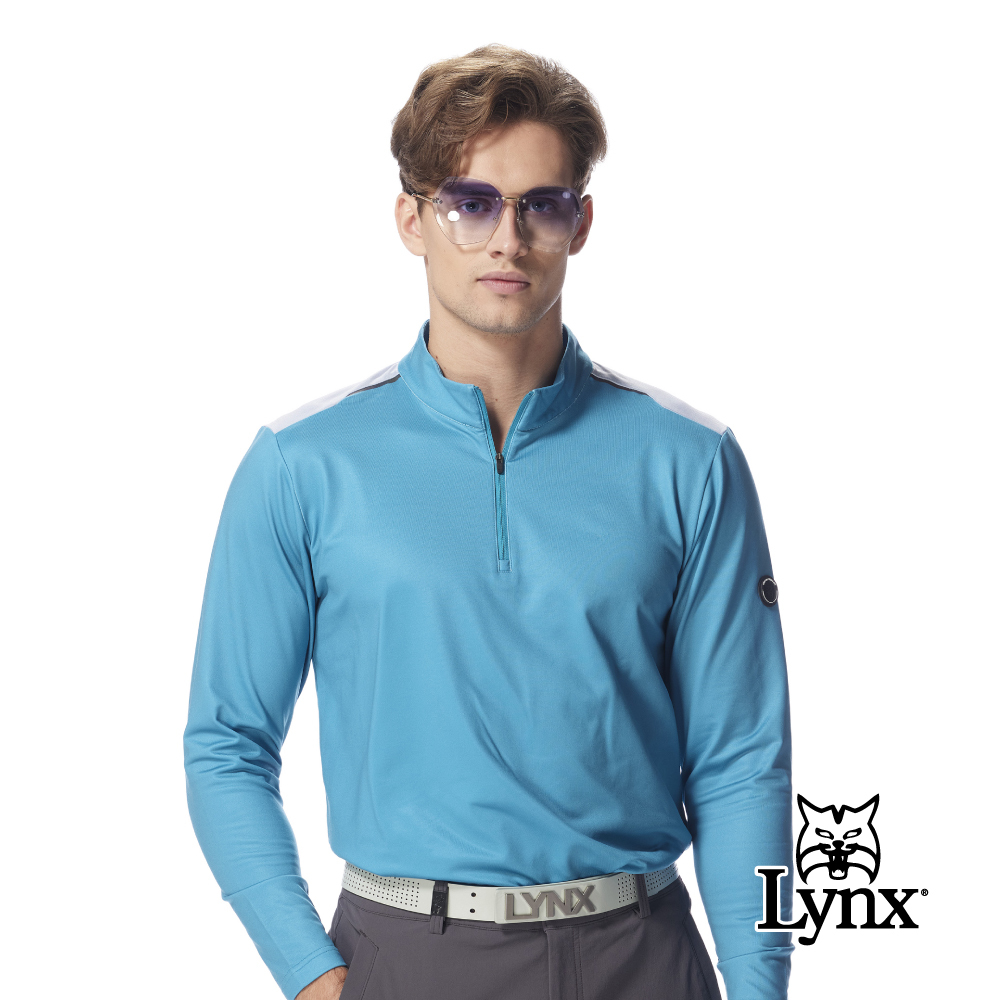 【Lynx Golf】男款合身版吸濕排汗保暖肩拼接撞色長袖立領POLO衫