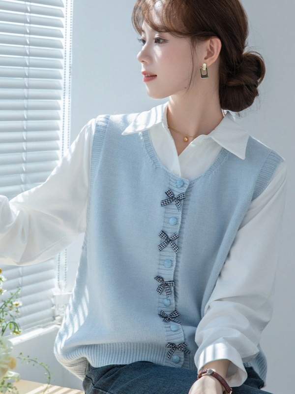 排釦蝴蝶結針織背心 藍色