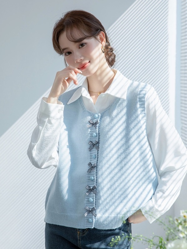 排釦蝴蝶結針織背心 藍色