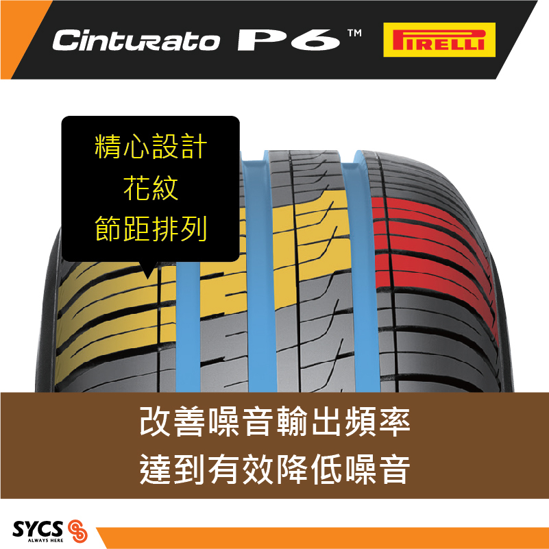 Precision tread block spacing on P6 pattern helps reduce noise for a quieter ride.