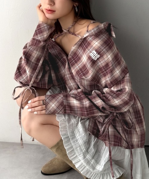 日本🇯🇵連線 Mily Bilet 多種穿法!露肩格子領襯衫 綁帶 緞帶 露肩 長袖 襯衫 格子 格紋 4色(任買兩件711免運)/預購