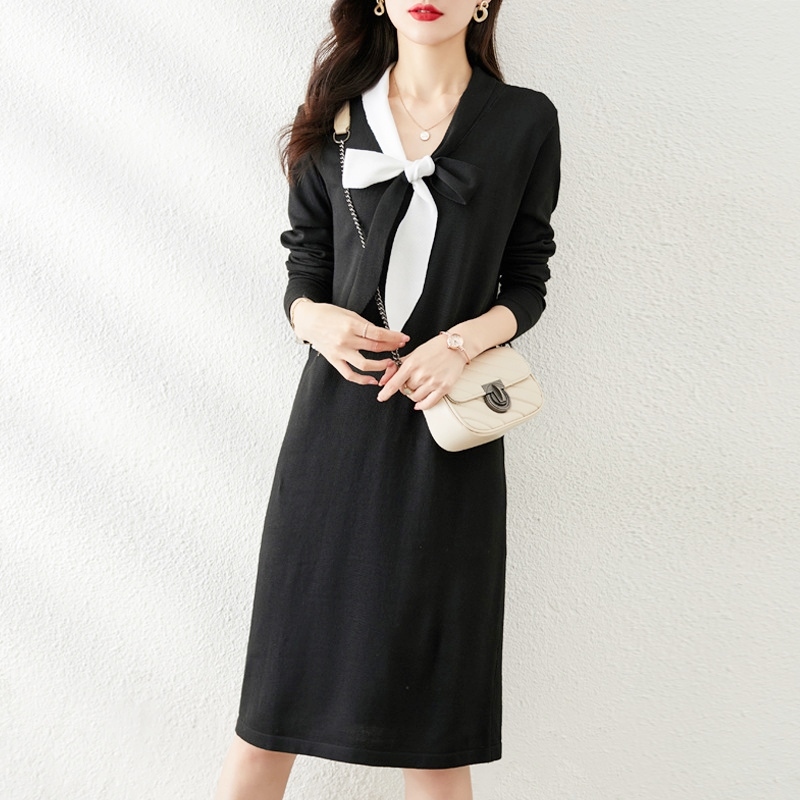 黑白綁帶針織洋裝 黑色