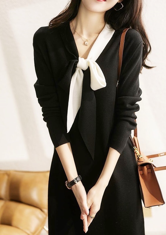 黑白綁帶針織洋裝 黑色