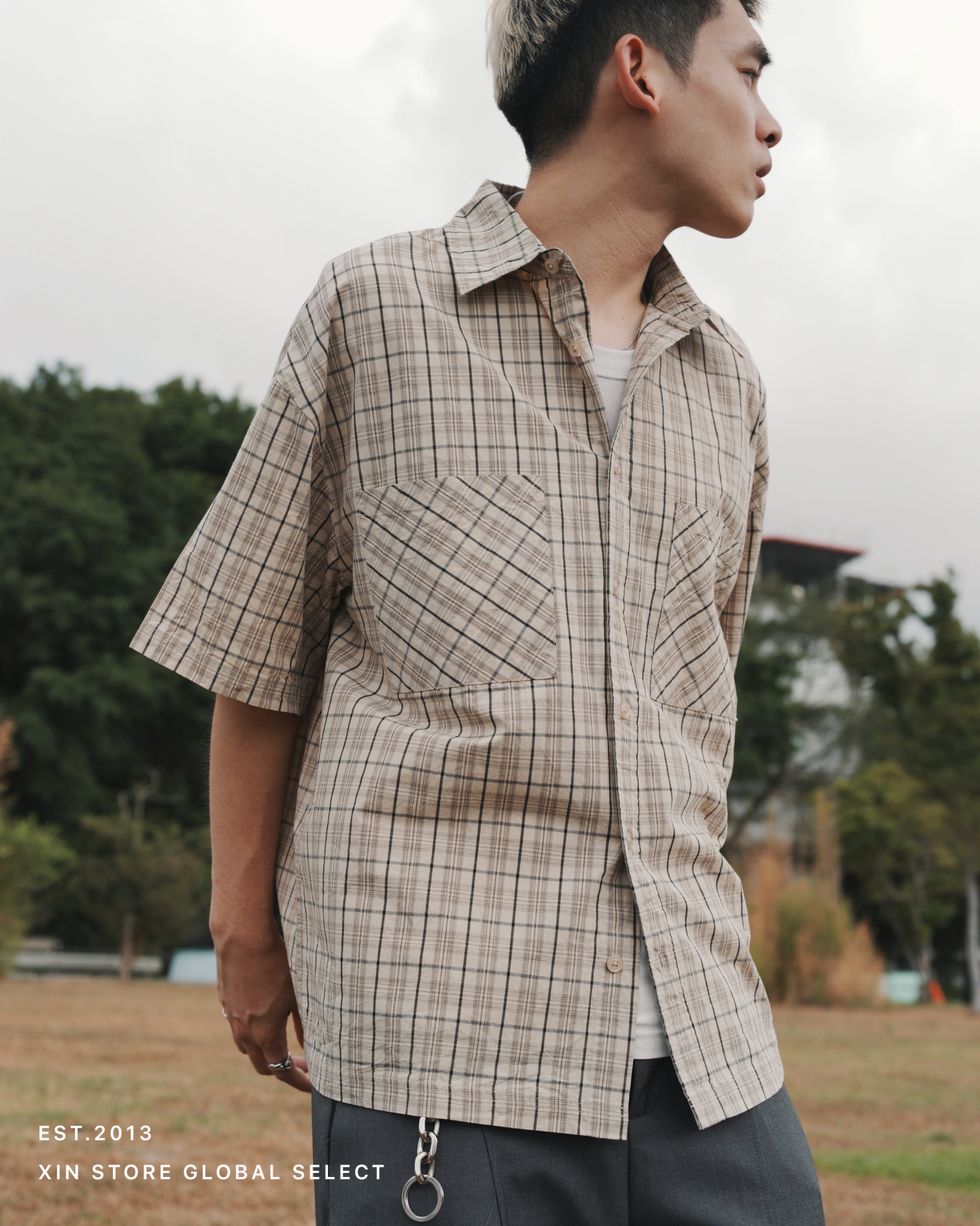 IVORY 復古 寬鬆 格紋 短袖 襯衫 兩色 CY-0348