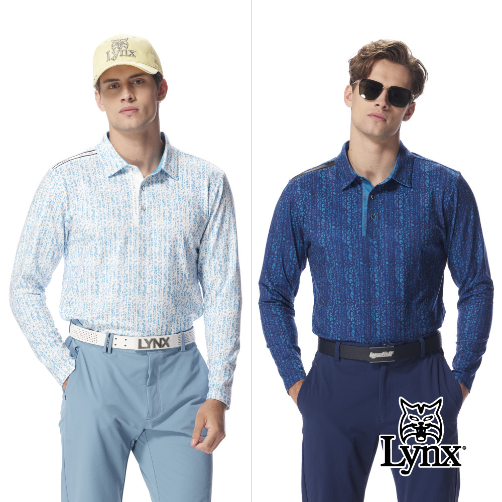 【Lynx Golf】男款內磨毛保暖滿版爆裂紋路右肩造型剪裁長袖POLO衫