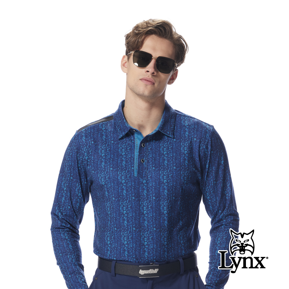 【Lynx Golf】男款內磨毛保暖滿版爆裂紋路右肩造型剪裁長袖POLO衫