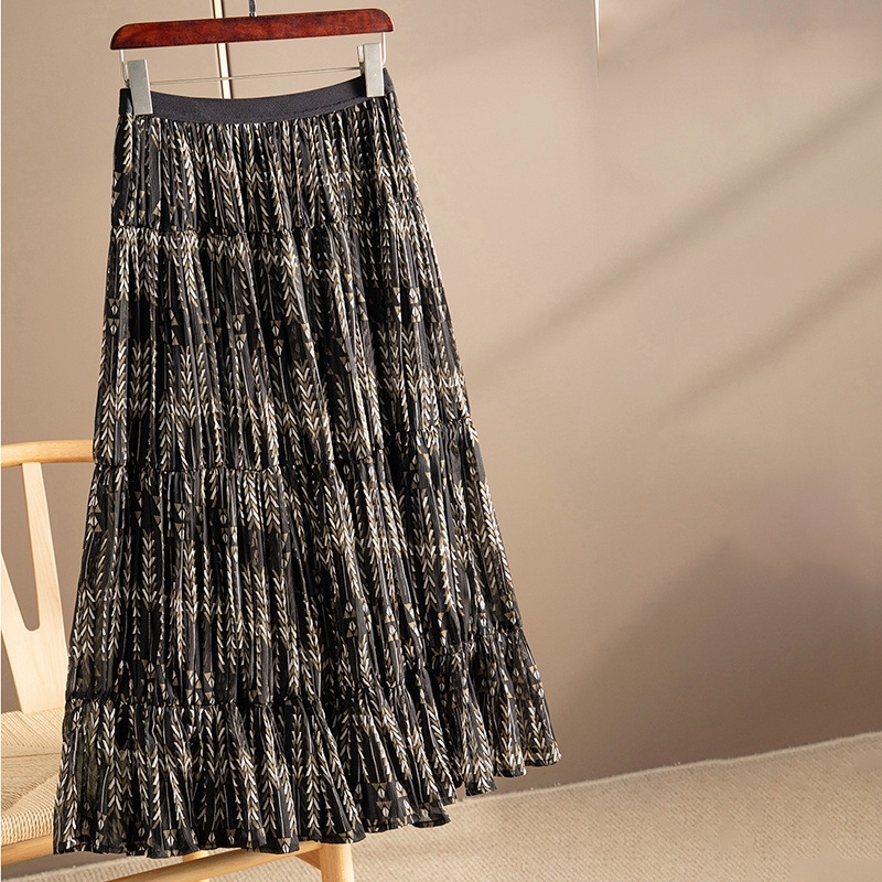 層次印花雪紡中長裙 黑色