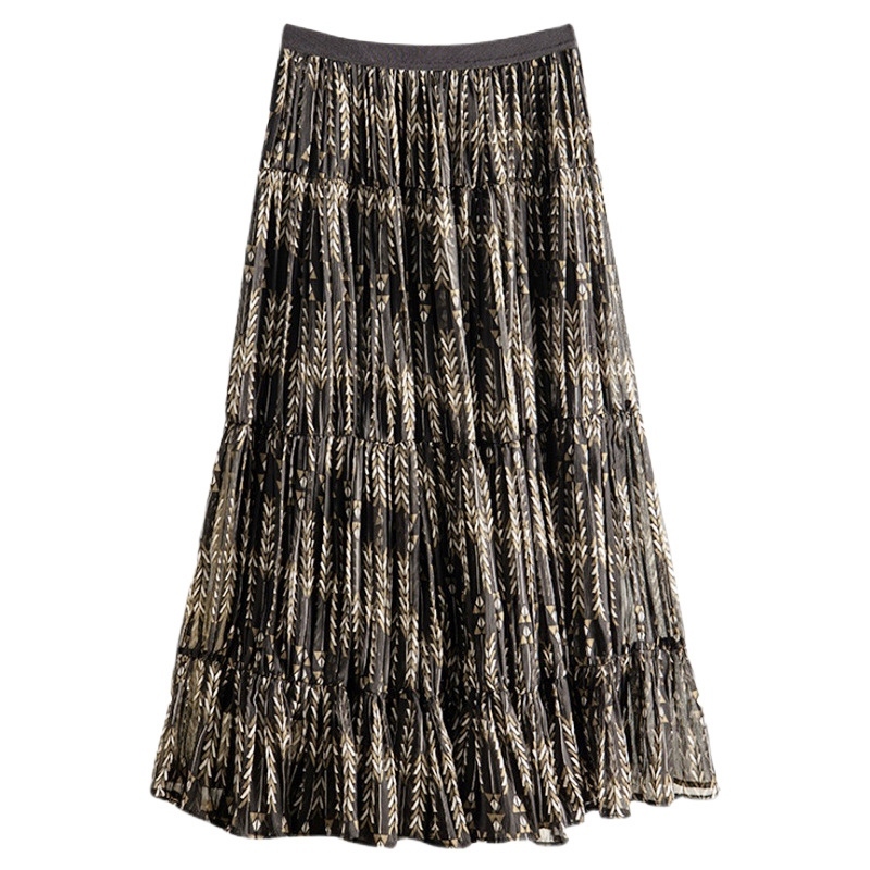 層次印花雪紡中長裙 黑色