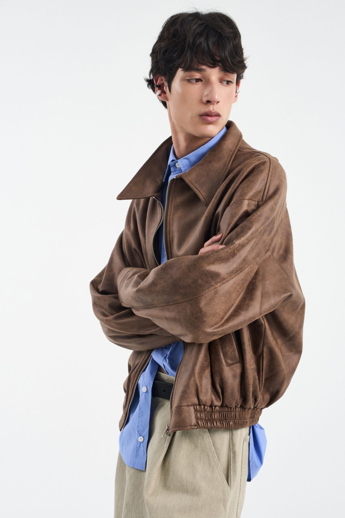 BLACK MOMENT Vegan Suede Oversized Minimal Incision Biker Zip-Up Jacket