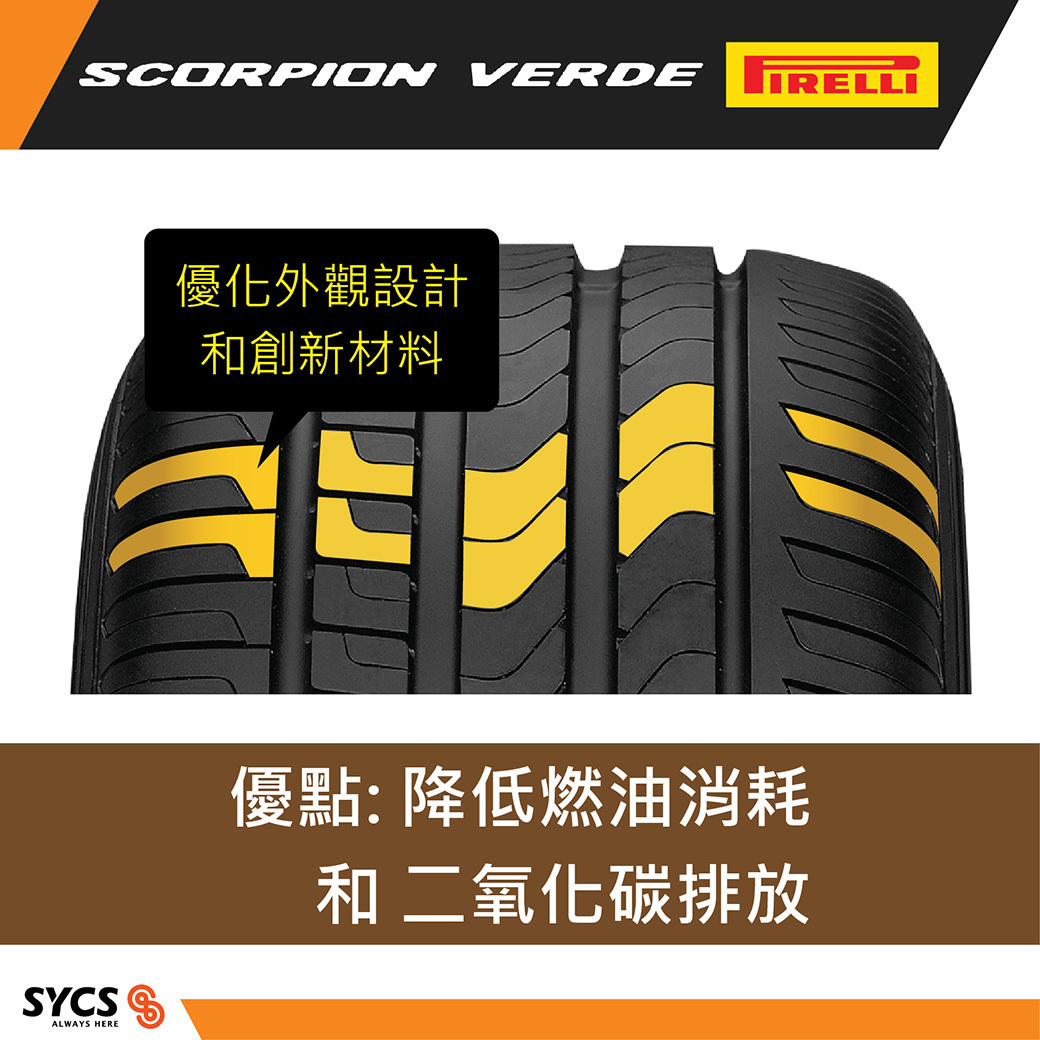 Yellow-highlighted tread emphasizes eco-friendly design for fuel and CO₂ reduction.