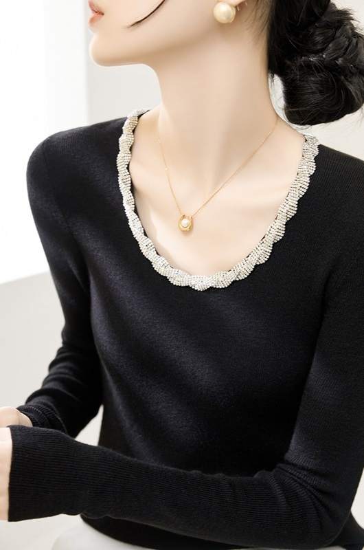 鑲鑽U領針織上衣 兩色