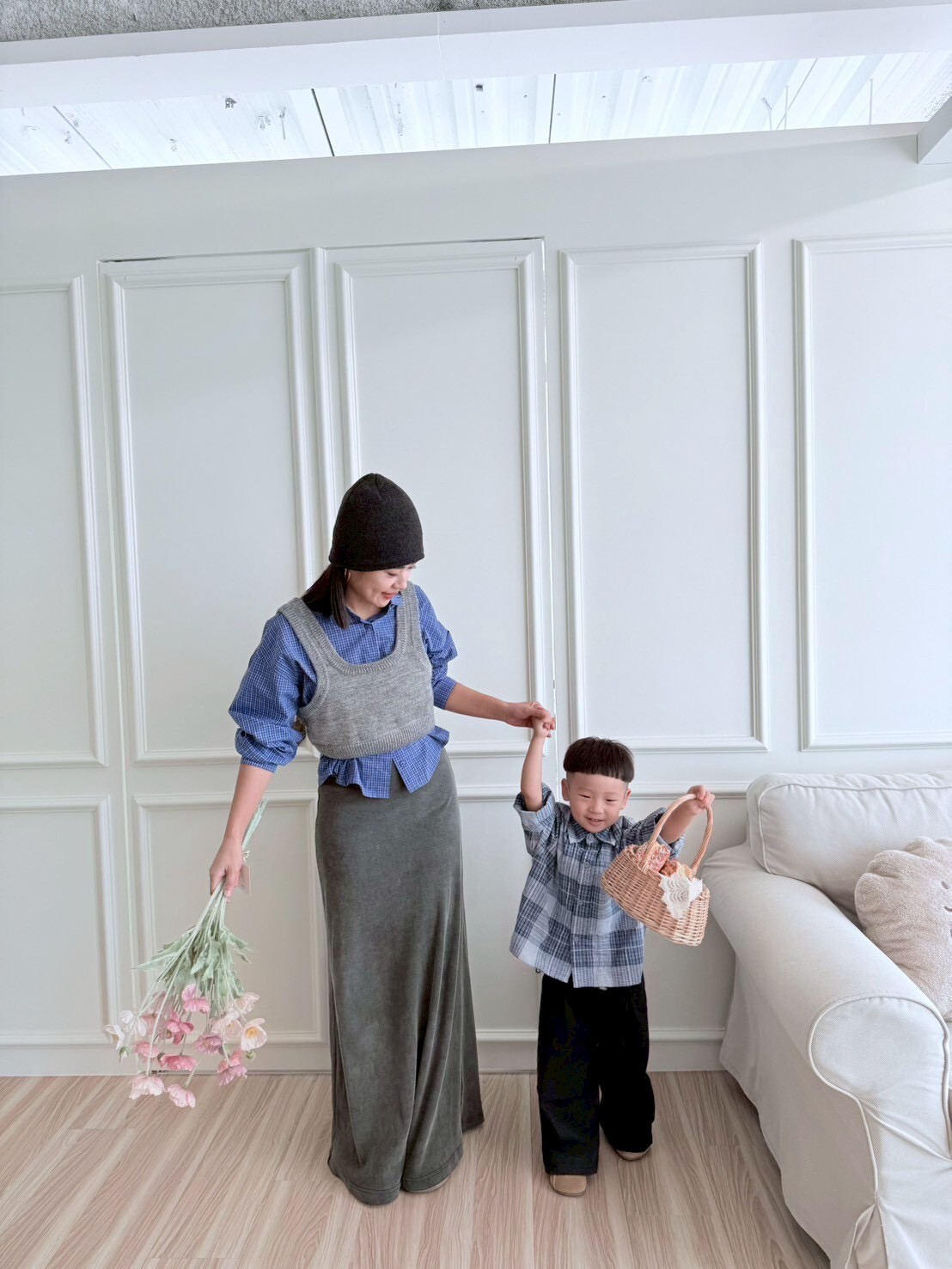 媽咪款｜藍格襯衫＋羊毛背心兩件套