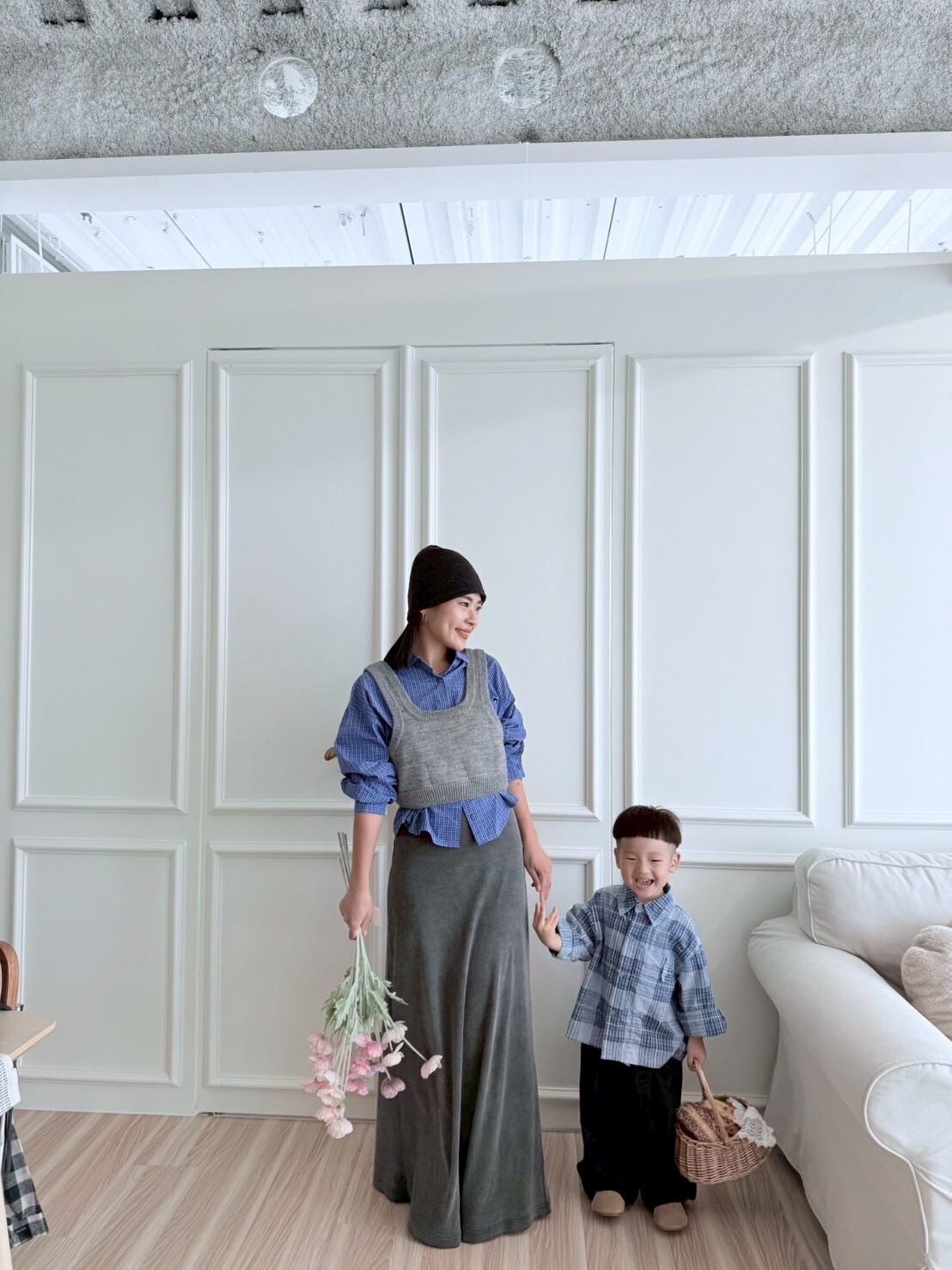 媽咪款｜藍格襯衫＋羊毛背心兩件套