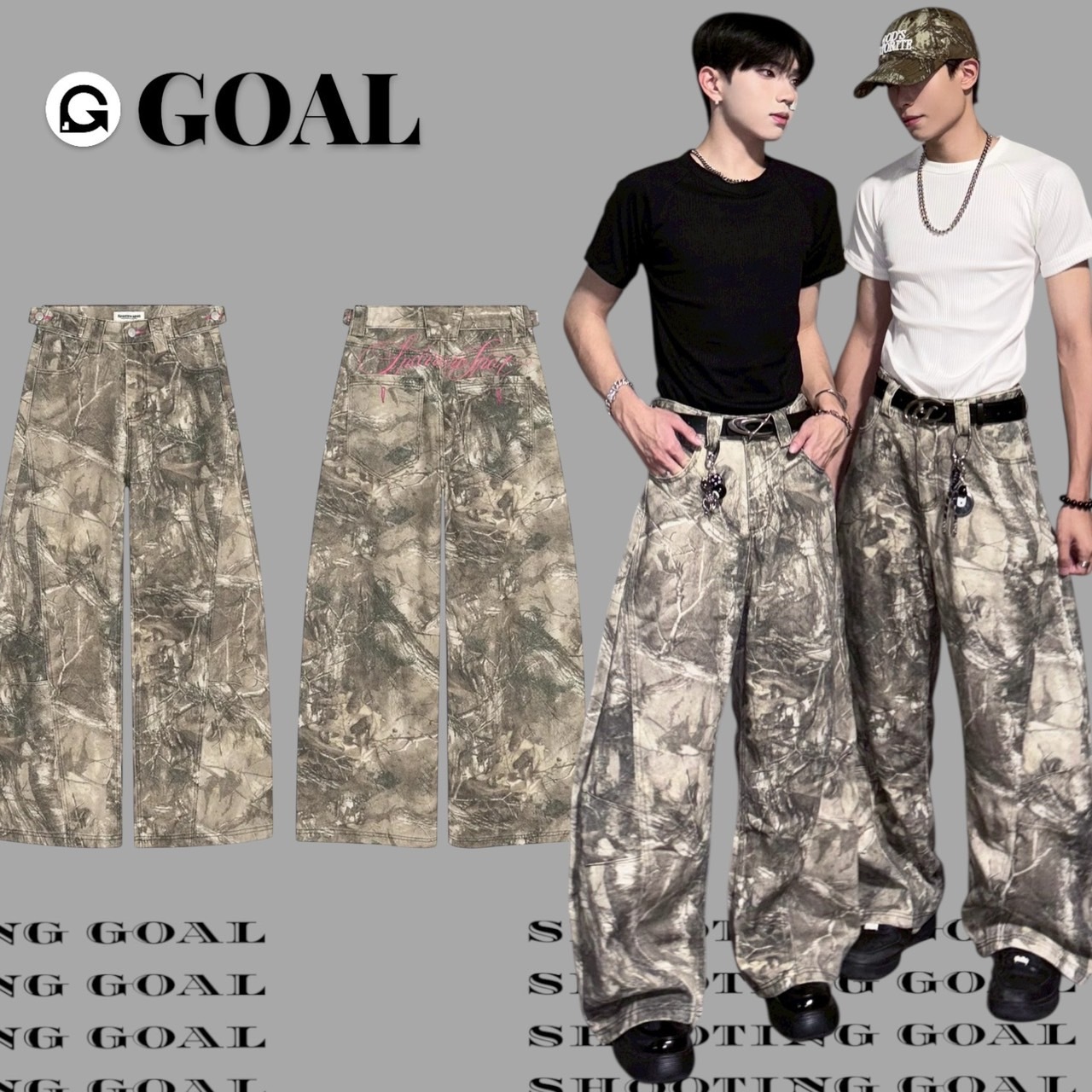(GOAL) 美式街頭刺繡落葉迷彩彎刀褲 SP0232