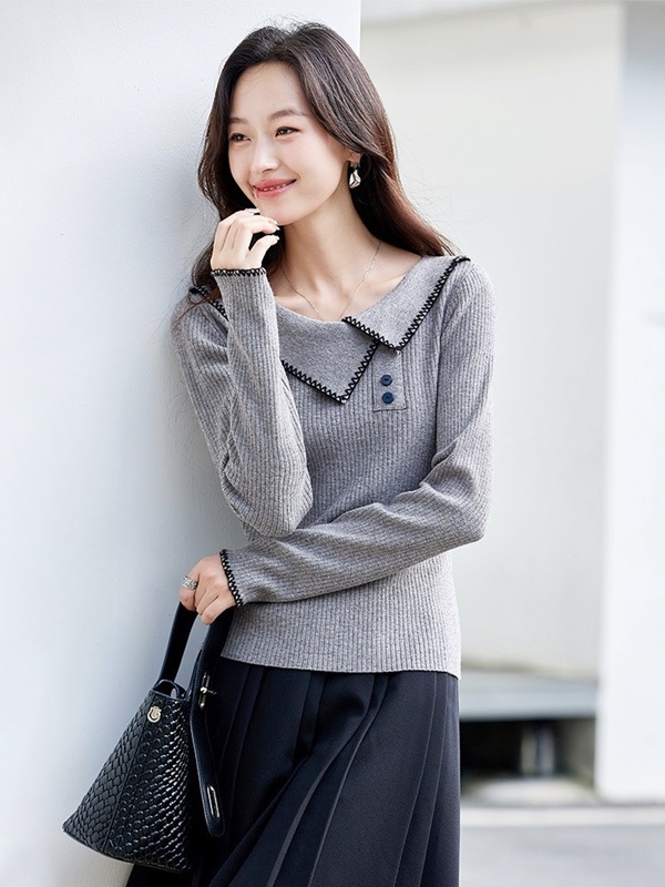 毛邊斜翻領針織上衣 灰色