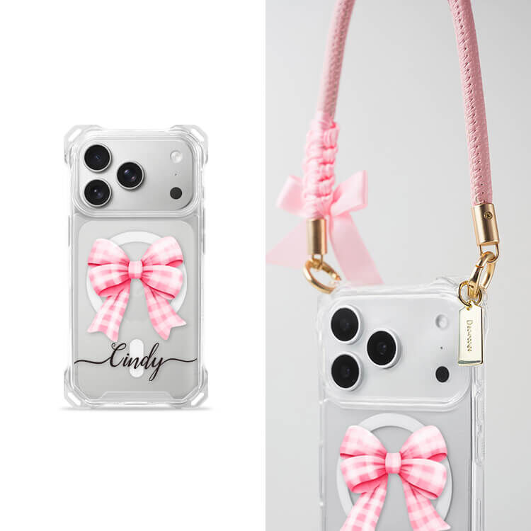 可愛格紋蝴蝶結 四角好掛殼 - 透明防摔掛繩殼 (MagSafe磁吸) iPhone手機殼