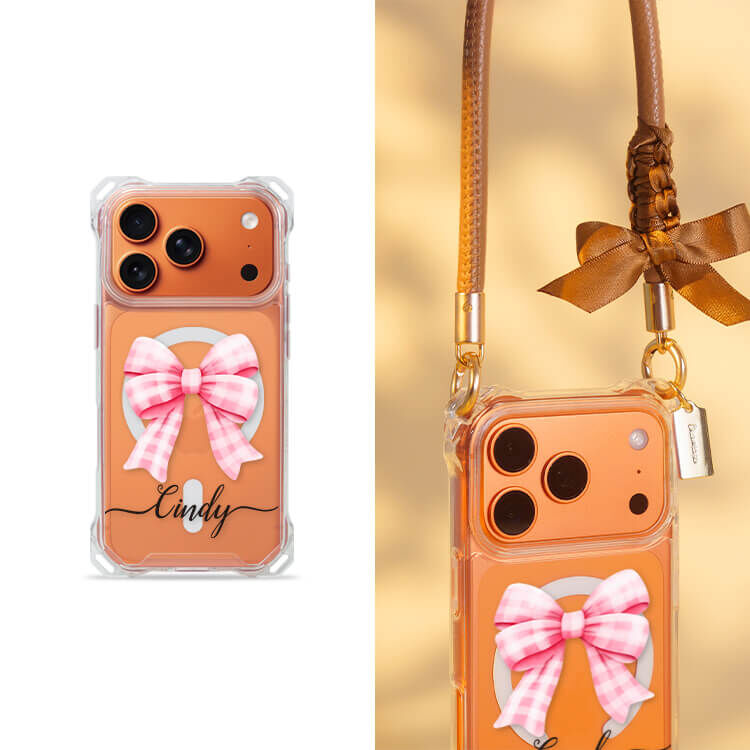 可愛格紋蝴蝶結 四角好掛殼 - 透明防摔掛繩殼 (MagSafe磁吸) iPhone手機殼