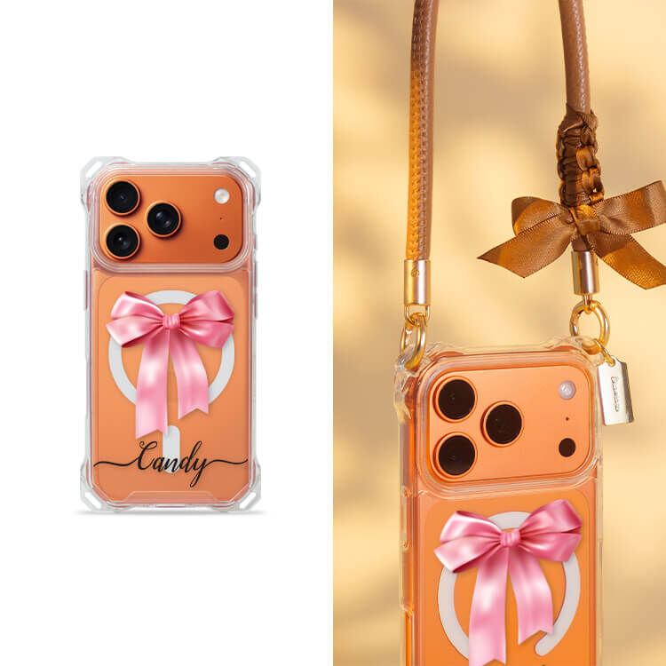 蝴蝶結緞帶(粉) 四角好掛殼 - 透明防摔掛繩殼 (MagSafe磁吸) iPhone手機殼