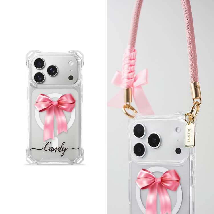 蝴蝶結緞帶(粉) 四角好掛殼 - 透明防摔掛繩殼 (MagSafe磁吸) iPhone手機殼