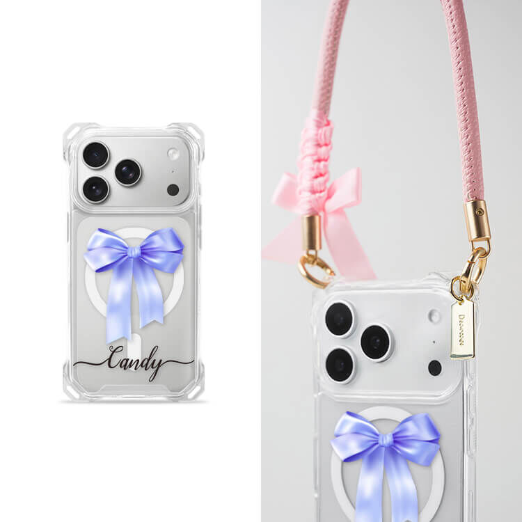 蝴蝶結緞帶(紫) 四角好掛殼 - 透明防摔掛繩殼 (MagSafe磁吸) iPhone手機殼