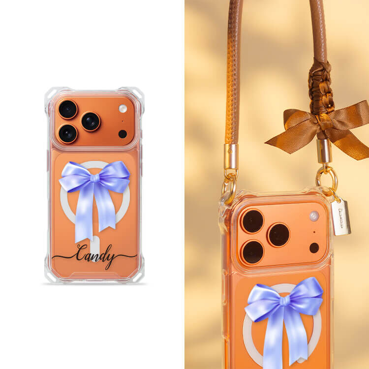 蝴蝶結緞帶(紫) 四角好掛殼 - 透明防摔掛繩殼 (MagSafe磁吸) iPhone手機殼