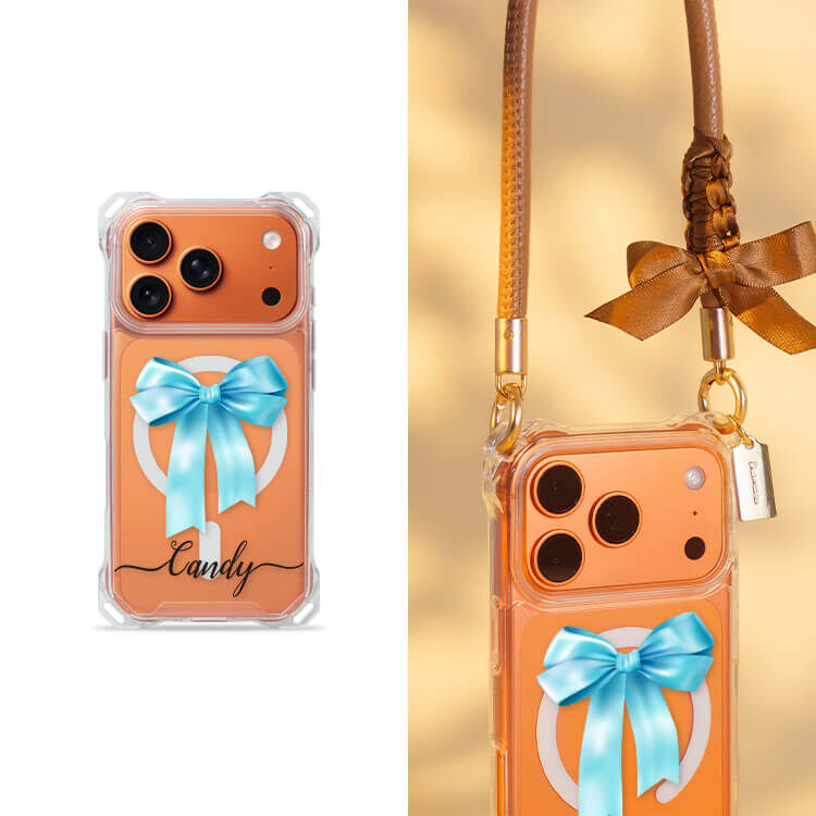 蝴蝶結緞帶(芬尼藍) 四角好掛殼 - 透明防摔掛繩殼 (MagSafe磁吸) iPhone手機殼
