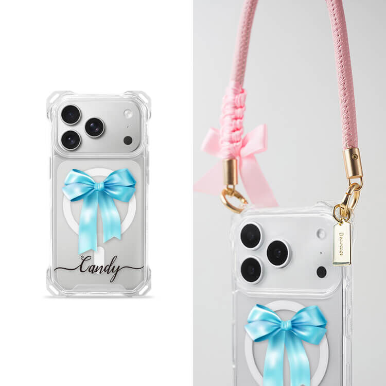 蝴蝶結緞帶(芬尼藍) 四角好掛殼 - 透明防摔掛繩殼 (MagSafe磁吸) iPhone手機殼