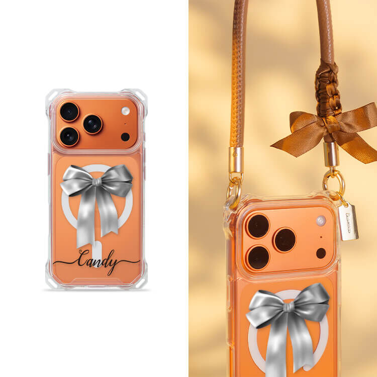 蝴蝶結緞帶(灰) 四角好掛殼 - 透明防摔掛繩殼 (MagSafe磁吸) iPhone手機殼