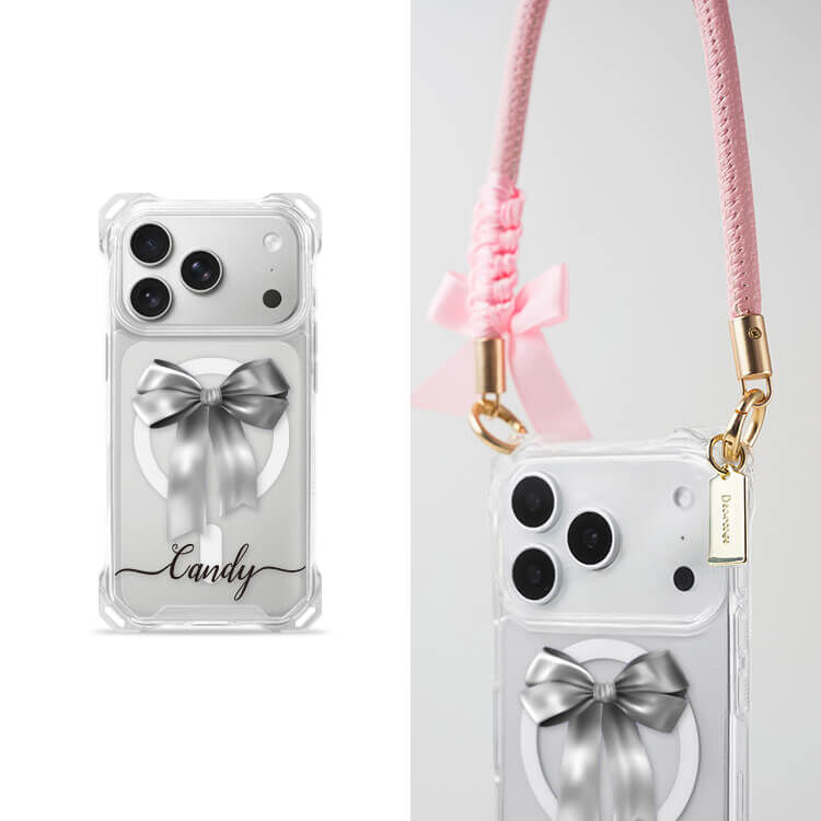 蝴蝶結緞帶(灰) 四角好掛殼 - 透明防摔掛繩殼 (MagSafe磁吸) iPhone手機殼