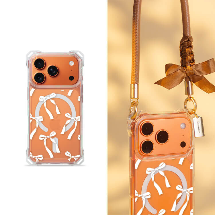 白色蝴蝶結緞帶 四角好掛殼 - 透明防摔掛繩殼 (MagSafe磁吸) iPhone手機殼