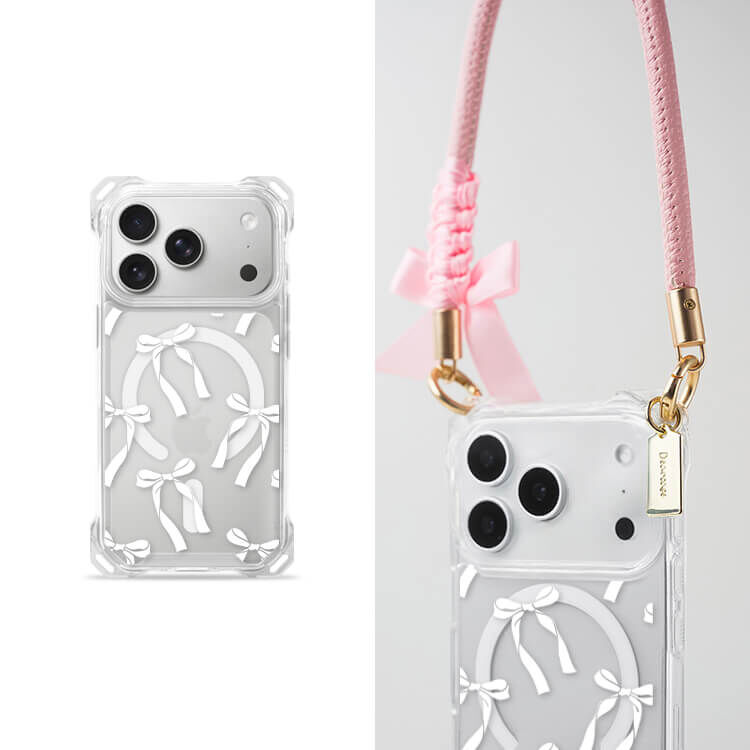 白色蝴蝶結緞帶 四角好掛殼 - 透明防摔掛繩殼 (MagSafe磁吸) iPhone手機殼