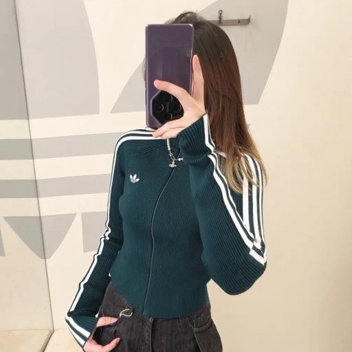 【Luxury】ADIDAS 愛迪達 短版針織外套 三色可選 拉鏈外套 顯瘦合身 新款 正品代購 三條槓 黑 灰 綠