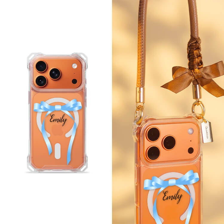 氣質蝴蝶結緞帶(藍) 四角好掛殼 - 透明防摔掛繩殼 (MagSafe磁吸) iPhone手機殼