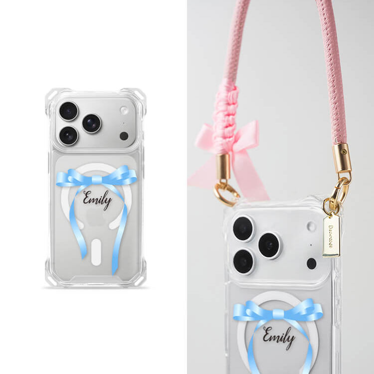 氣質蝴蝶結緞帶(藍) 四角好掛殼 - 透明防摔掛繩殼 (MagSafe磁吸) iPhone手機殼