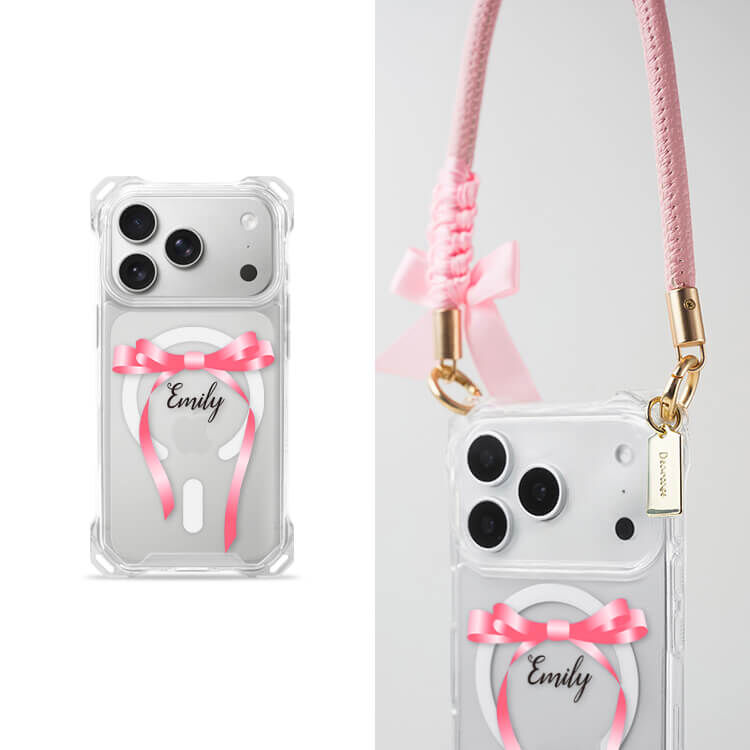 氣質蝴蝶結緞帶(粉) 四角好掛殼 - 透明防摔掛繩殼 (MagSafe磁吸) iPhone手機殼