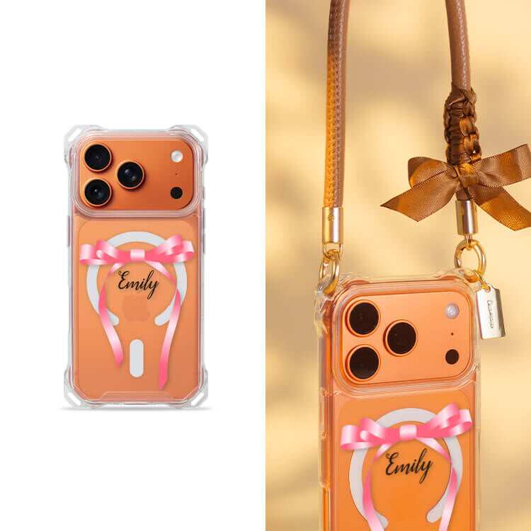 氣質蝴蝶結緞帶(粉) 四角好掛殼 - 透明防摔掛繩殼 (MagSafe磁吸) iPhone手機殼