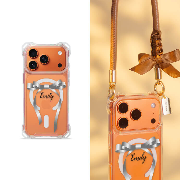 氣質蝴蝶結緞帶(灰) 四角好掛殼 - 透明防摔掛繩殼 (MagSafe磁吸) iPhone手機殼